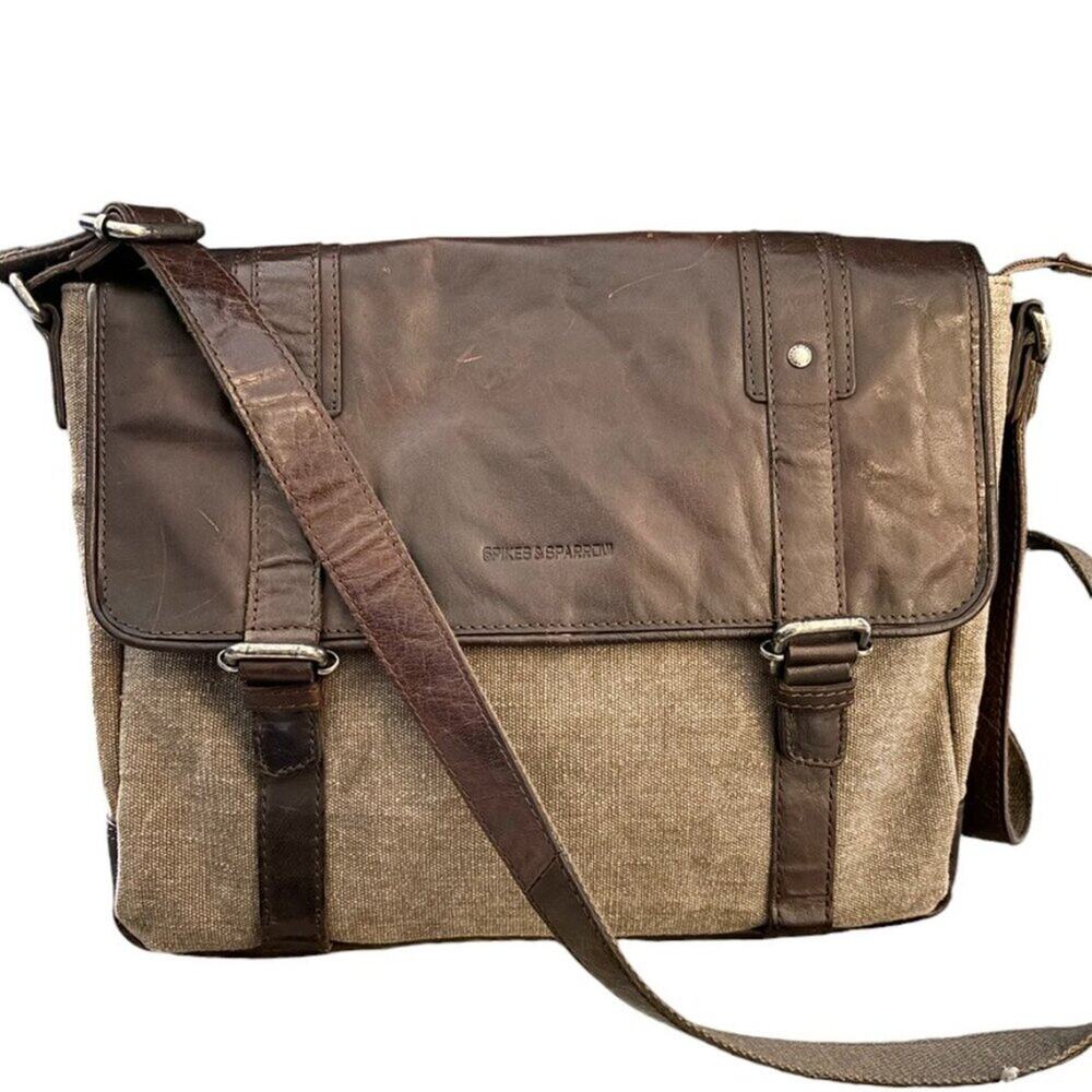 SPIKES & SPARROW Brown Leather Canvas Briefcase Messenger Laptop Bag